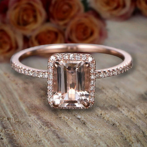 1.75 Carat Peach Pink Morganite Diamond Moissanite Halo Engagement Ring with 18k Gold Plating K57292