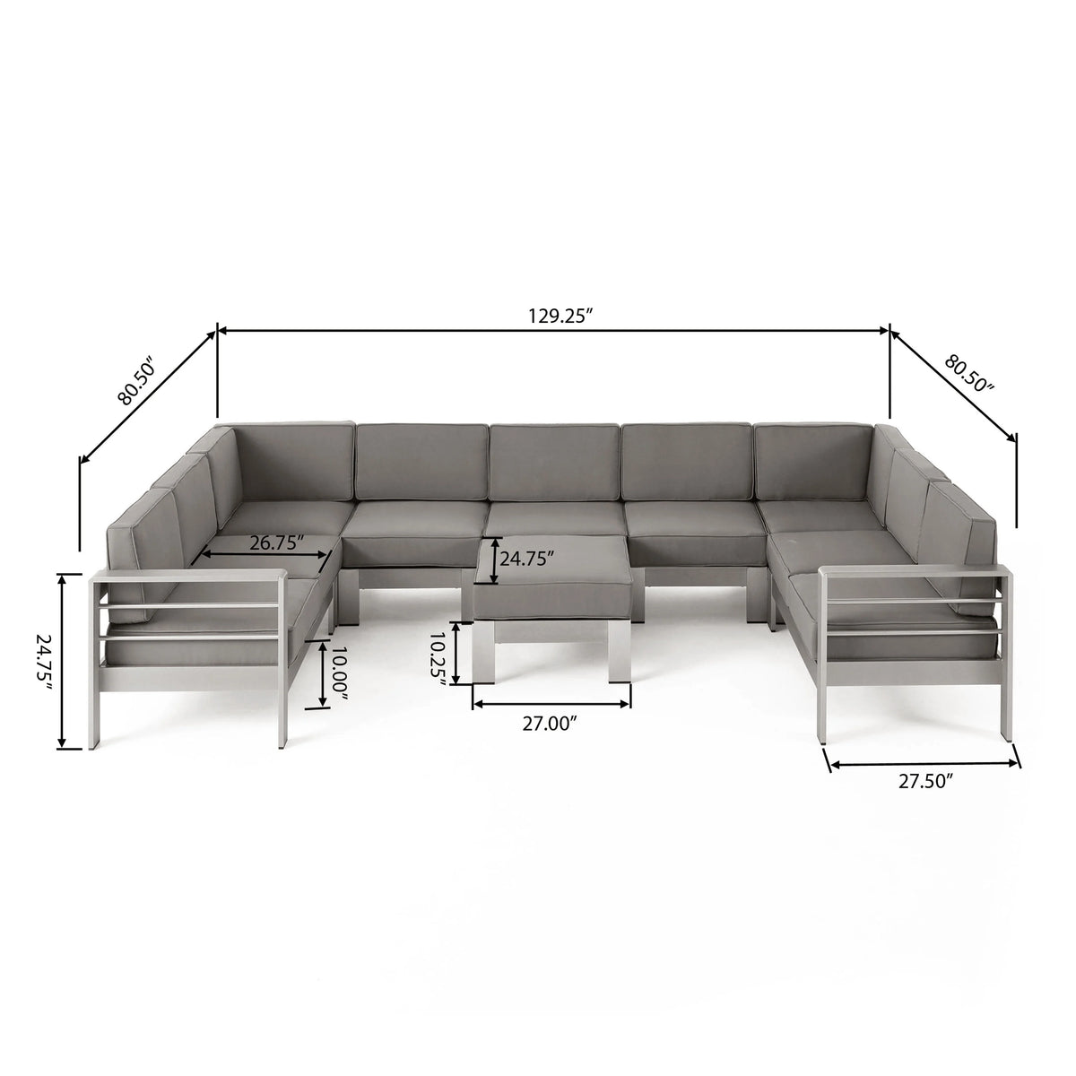 Silver and Khaki Outdoor Aluminum 9 Seater Sectional Sofa Set with Ottoman M6226