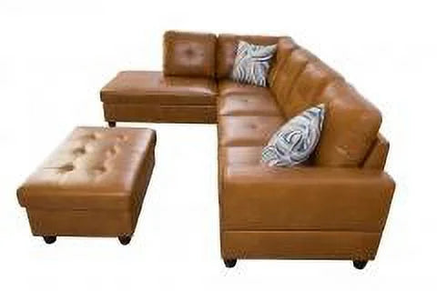 Caramel Leather Sectional Sofa with Storage Ottoman C301109