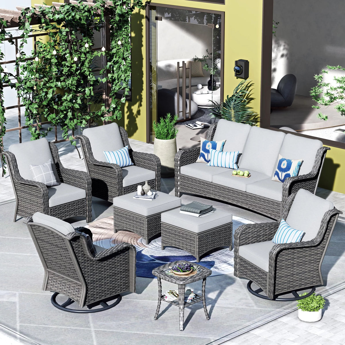 8 Pieces Wicker Patio Sectional with Swivel Chairs and Sofa W83333