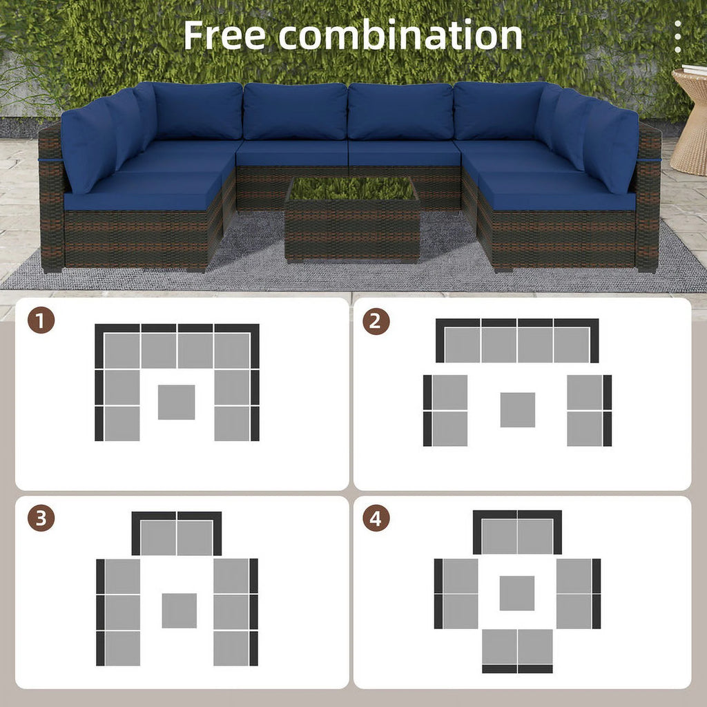 9 Piece PE Rattan Patio Furniture Set with Cushion and Glass Table T94074