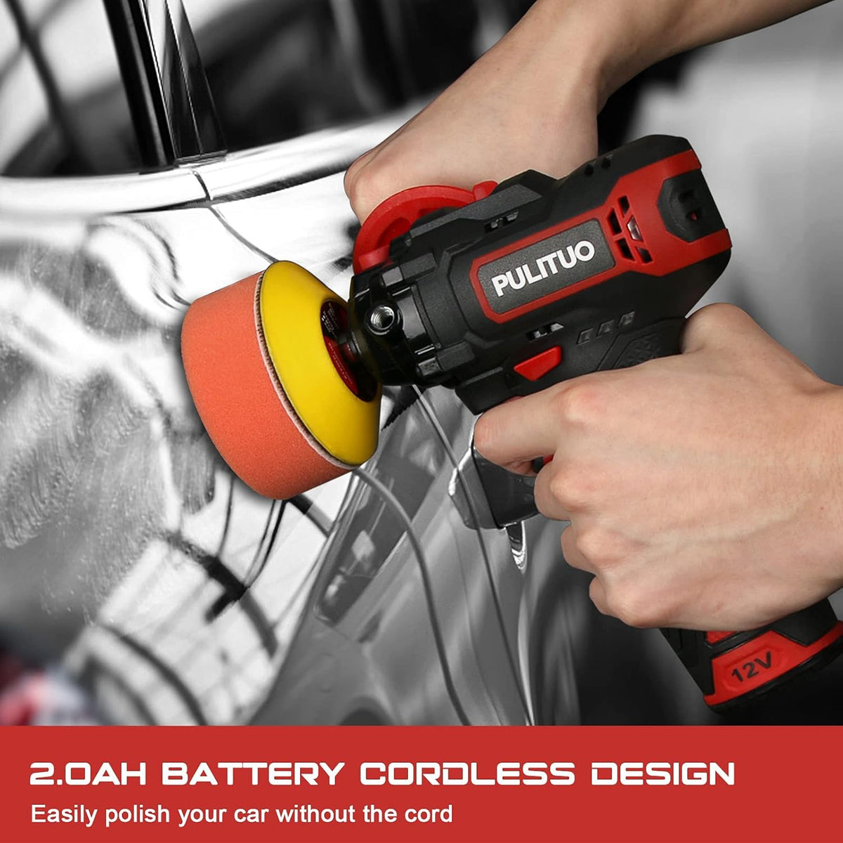12V Cordless Car Buffer Polisher, 3 Inch, 2600-7800 RPM, 2.0Ah Battery, 8 Polishing Pads L3716