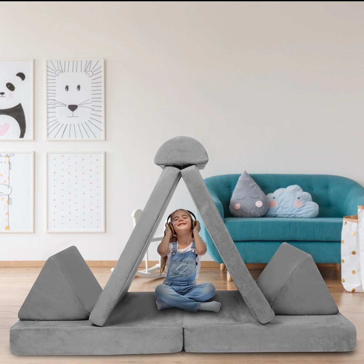 6 Pcs Modular Sectional Kids Play Couch Navy Blue N59562