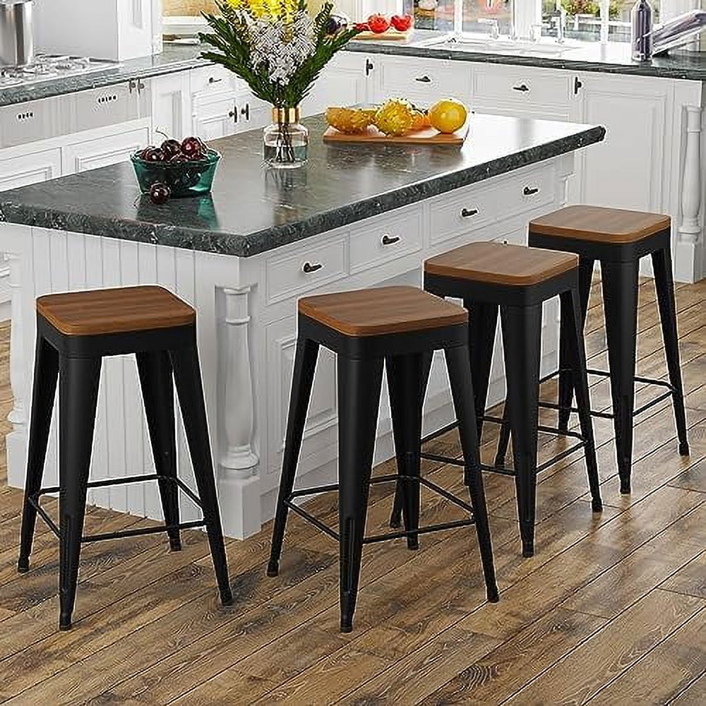 Set of 4 Metal Counter Height Stools with Back and Wooden Seat V556