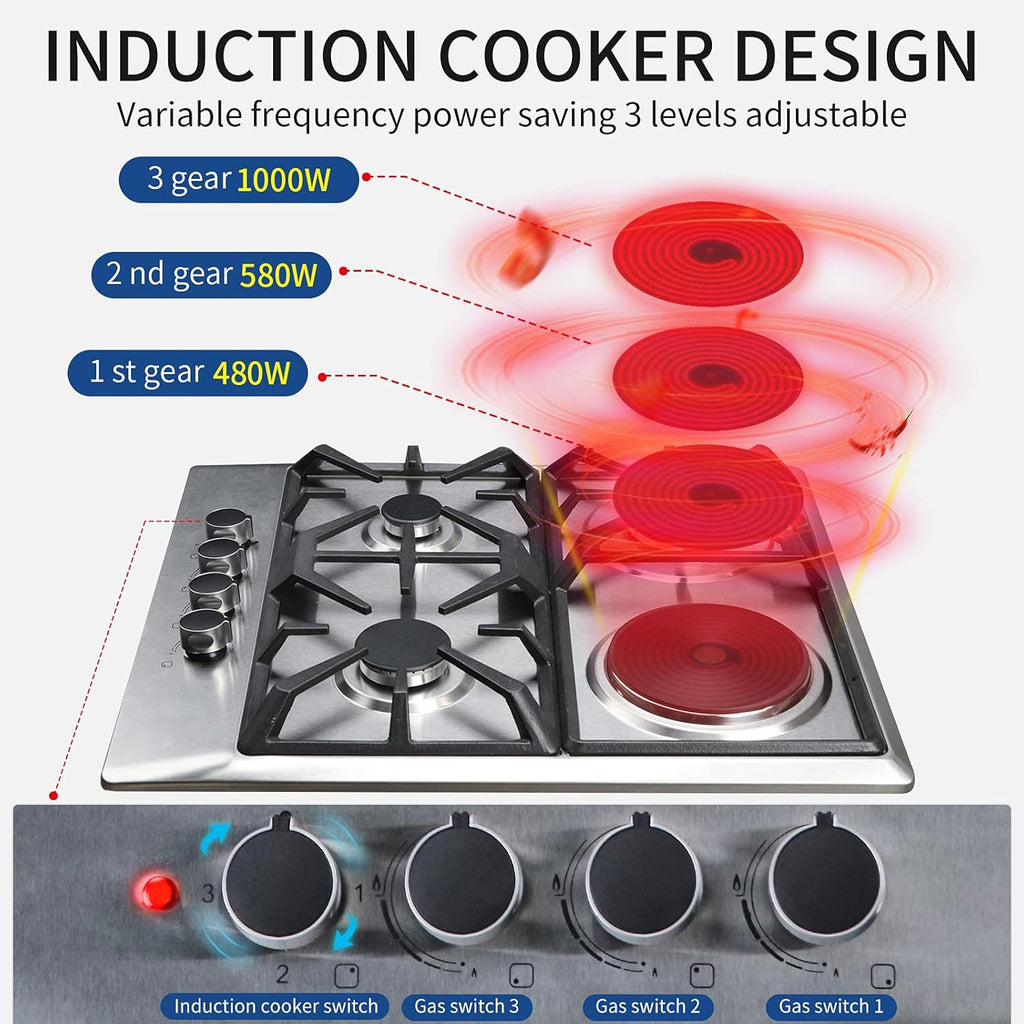 24×20 Inches Stainless Steel Gas Cooktop with 3 Sealed Burners +1 Electric Stove F724