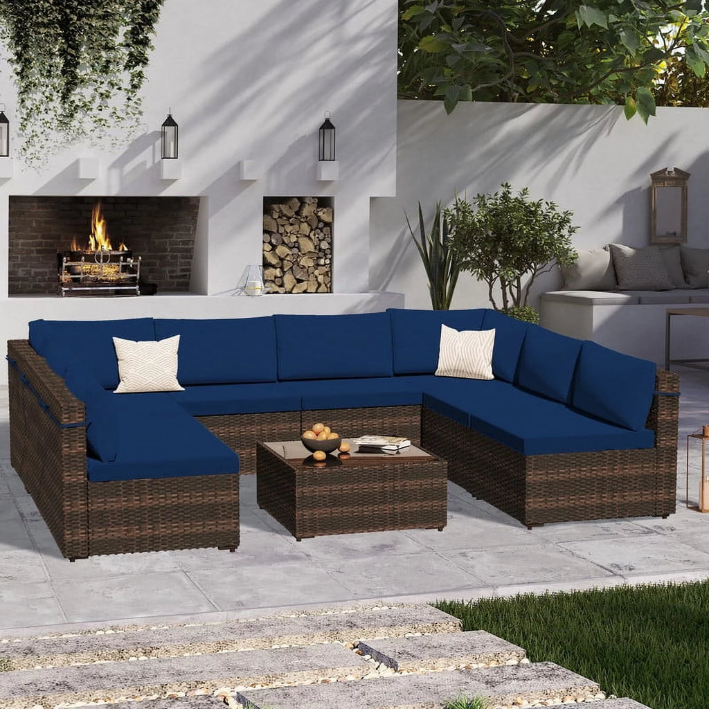 9 Piece PE Rattan Patio Furniture Set with Cushion and Glass Table T94074