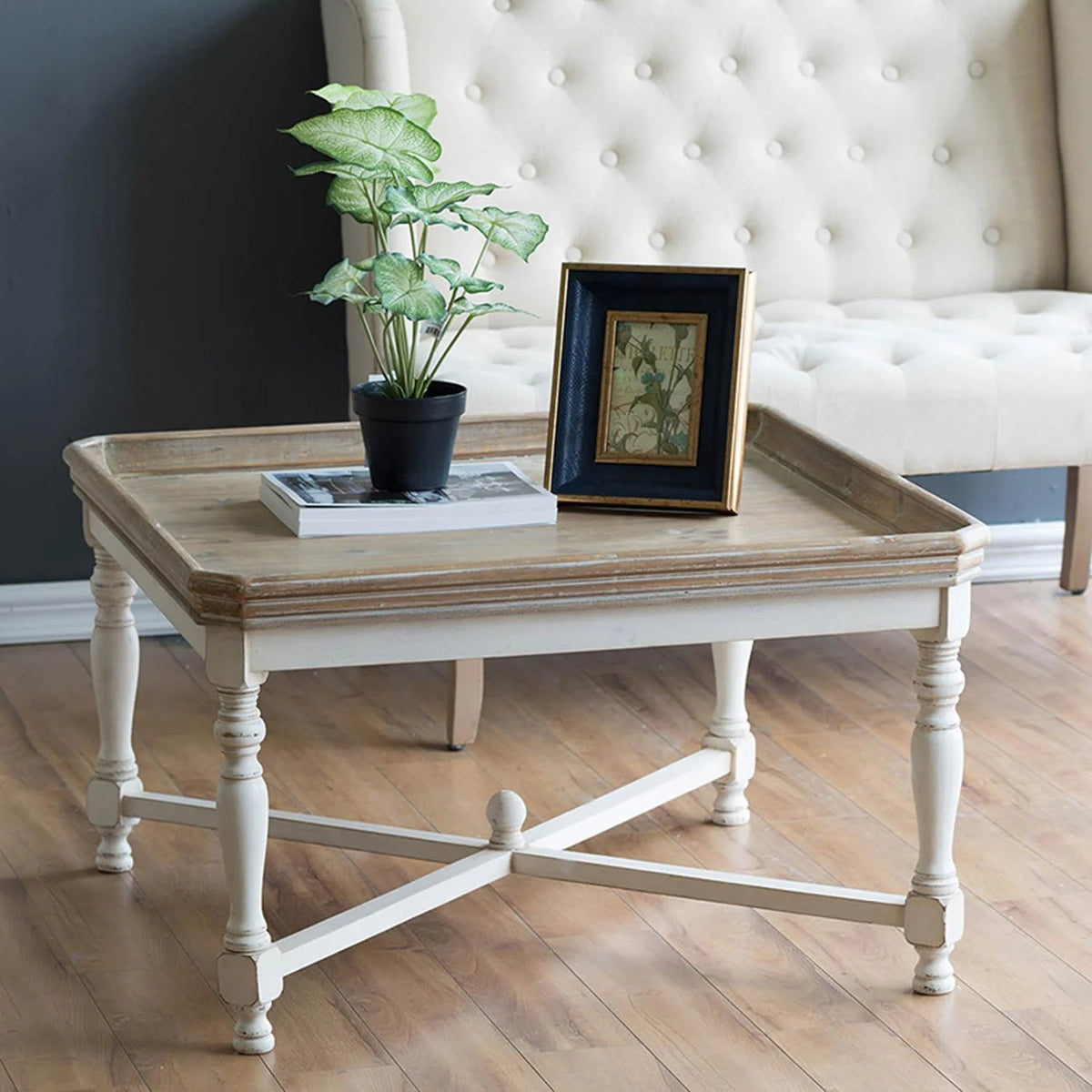 Square Coffee Table with Aged White & Natural Finish L174090