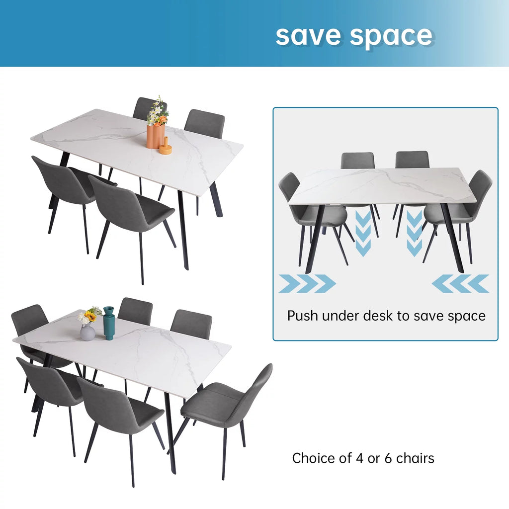 7 Piece Sintered Stone Dining Table Set with 6 Grey Chairs C734