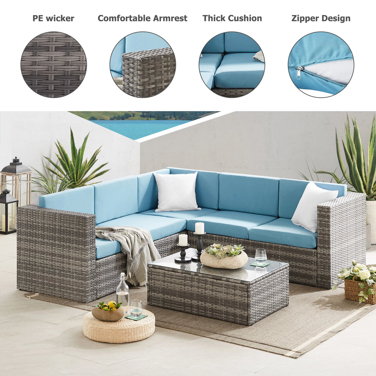 5 Pieces Rattan Wicker Outdoor Furniture Set with Glass Table U365