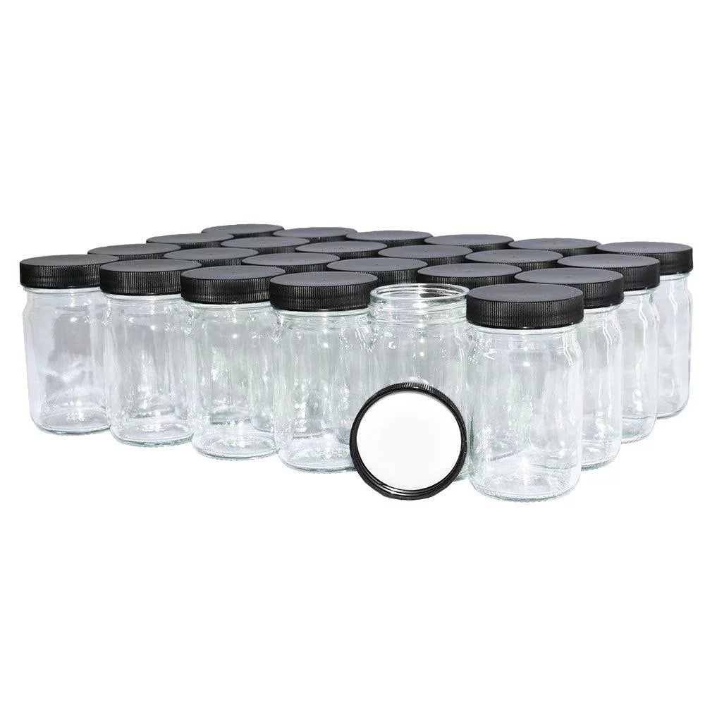 24 Pack 4 oz Clear Glass Jar with Black Plastic Cap I1513