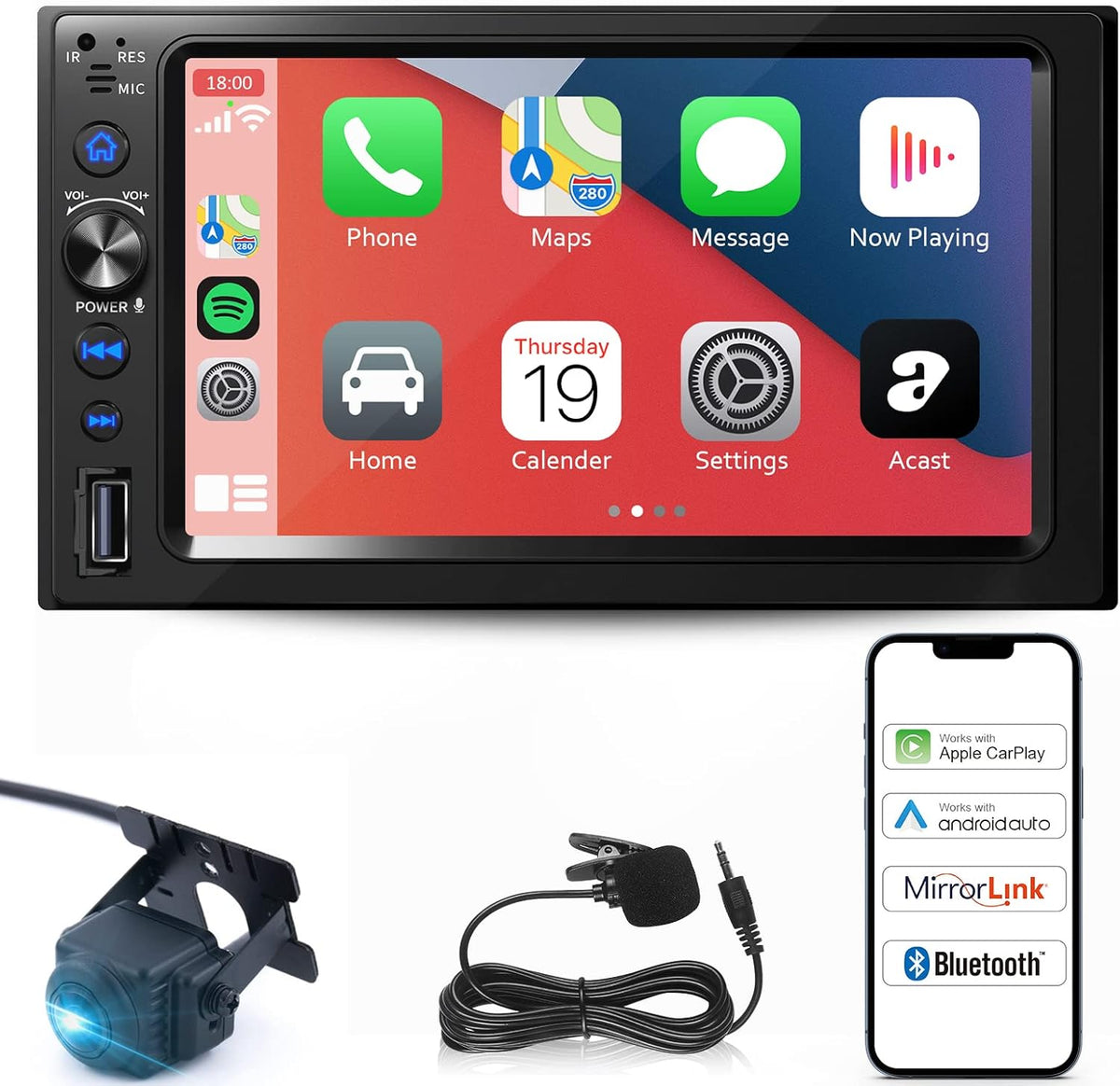 7'' Touch Screen Car Stereo with Wireless Carplay, Android Auto and MirrorLink C653