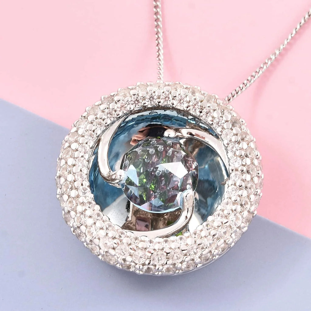 Blue Topaz Red Garnet 925 Sterling Silver Rhodium Plated Pendant Necklace R374